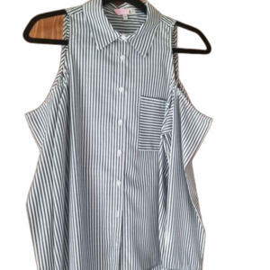Cold Shoulder Button Down Bell Sleeve Gray and White Pinstripe Large Top
